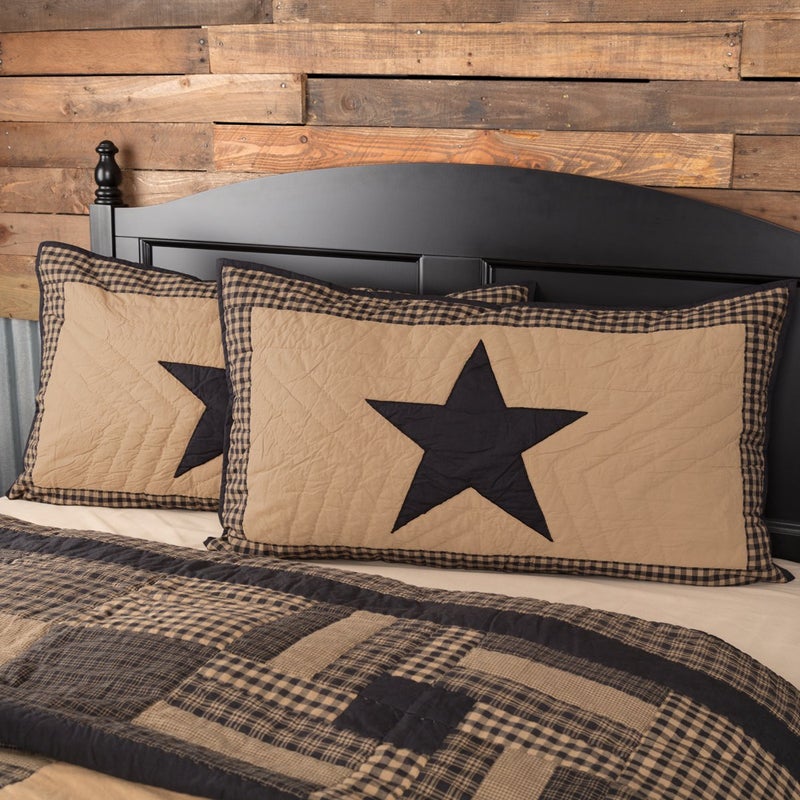 VHC Brands Check Star Cotton Primitive Bedding Hand Quilted Appliqued King Sham, Raven Black - Image 1